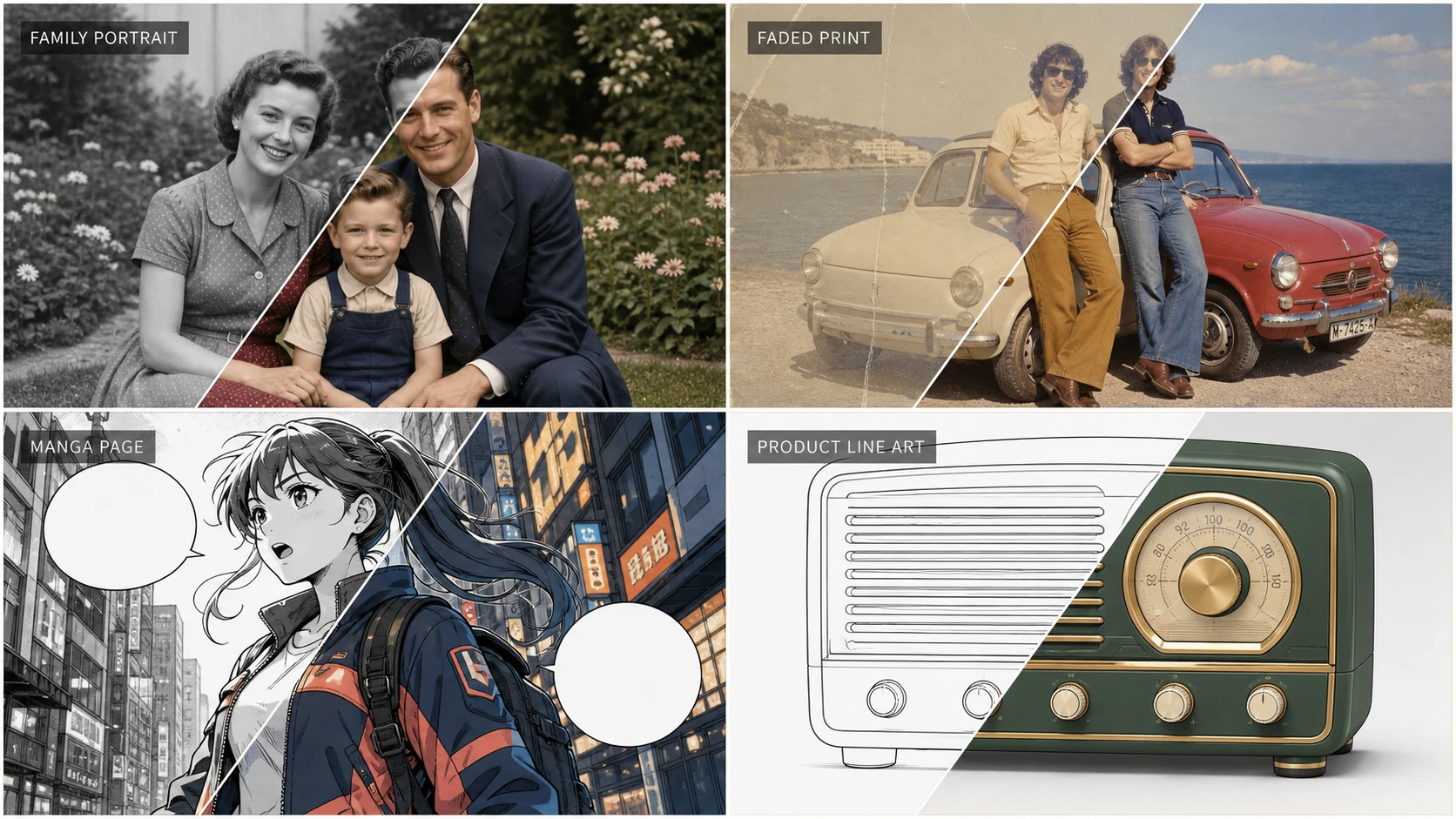 AI image colorizer recipes for photos, manga, and product line art.