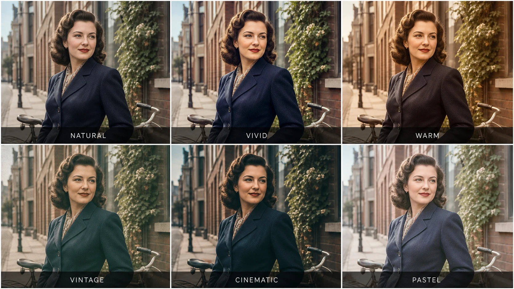 AI image colorizer palette comparison: Natural, Vivid, Warm, Vintage, Cinematic, Pastel