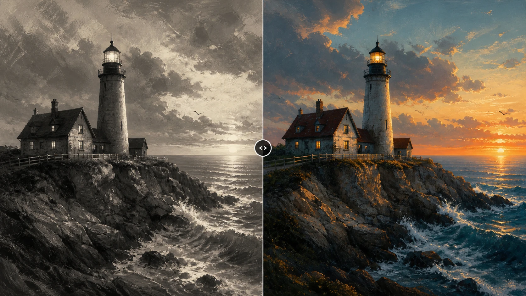 AI illustration colorizer before and after cinematic lighthouse painting.