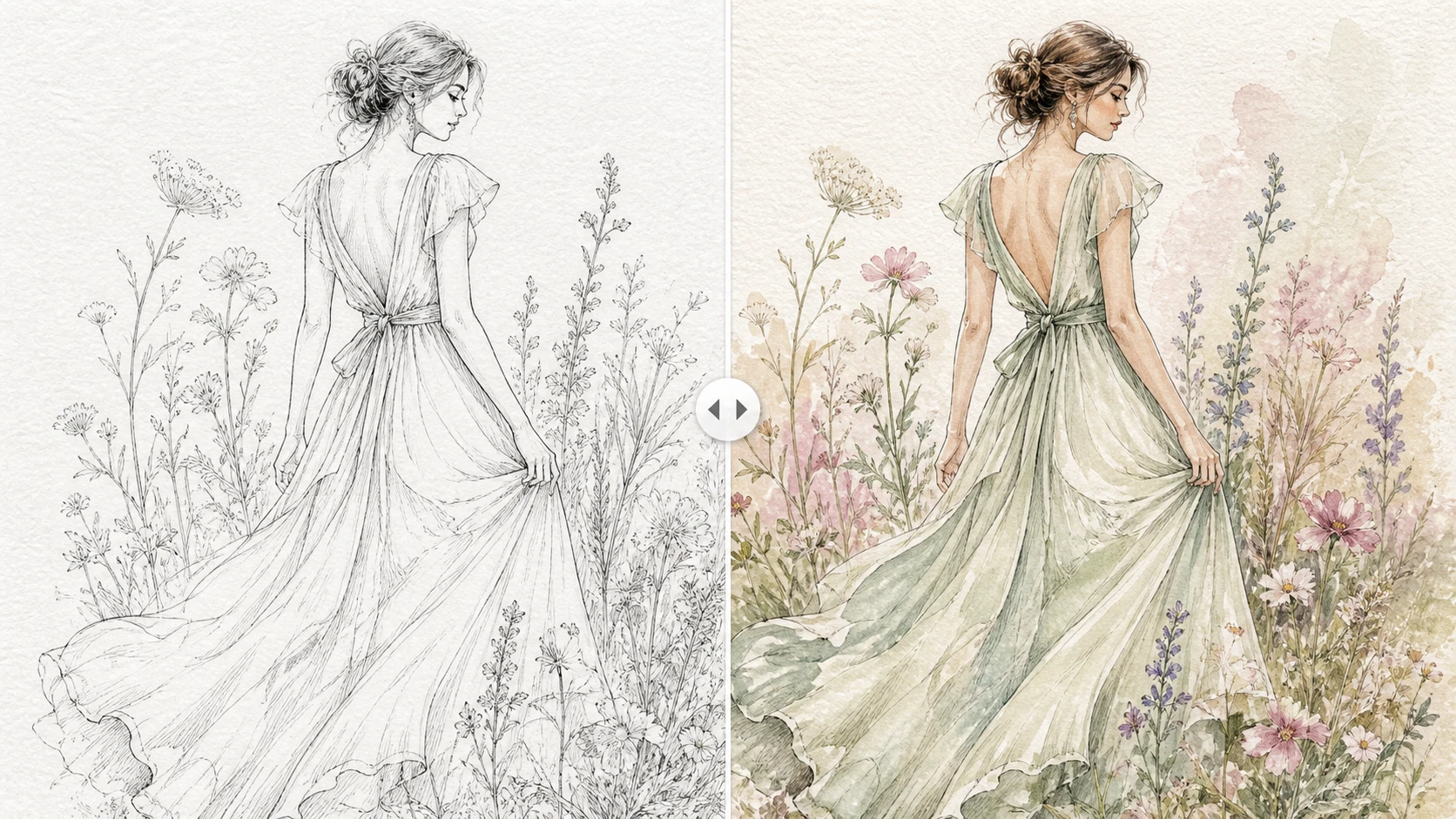 Line art colorizer before and after watercolor fashion illustration.