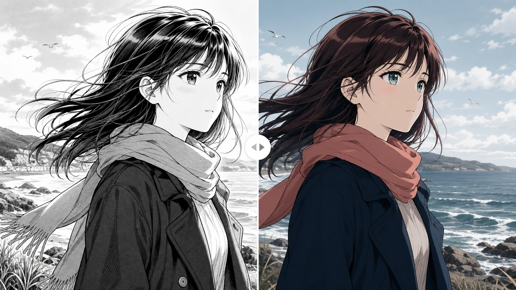 Manga colorizer before and after cel-shaded coastal character.