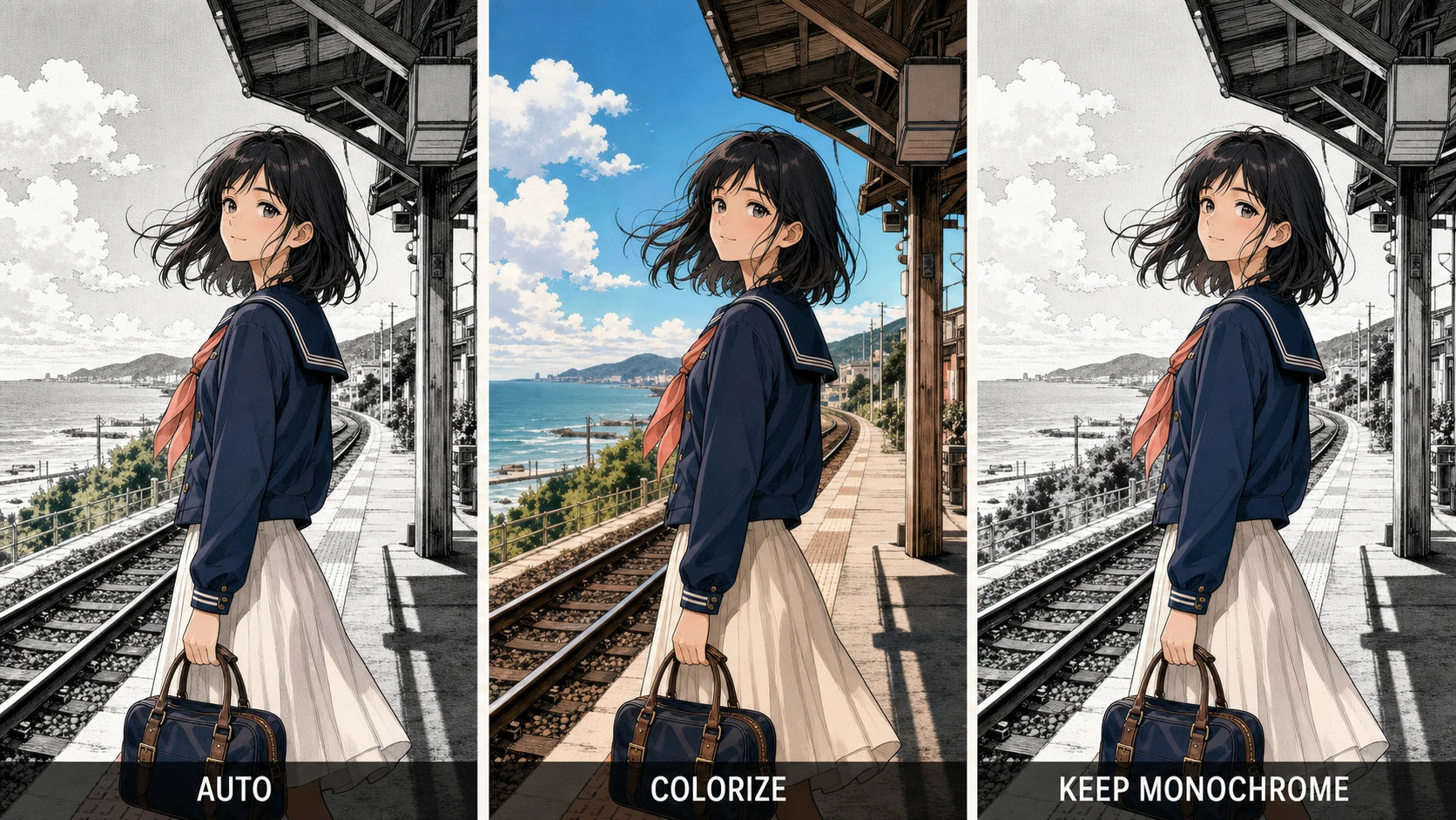 Manga colorizer background modes: Auto, Colorize, and Keep Monochrome.