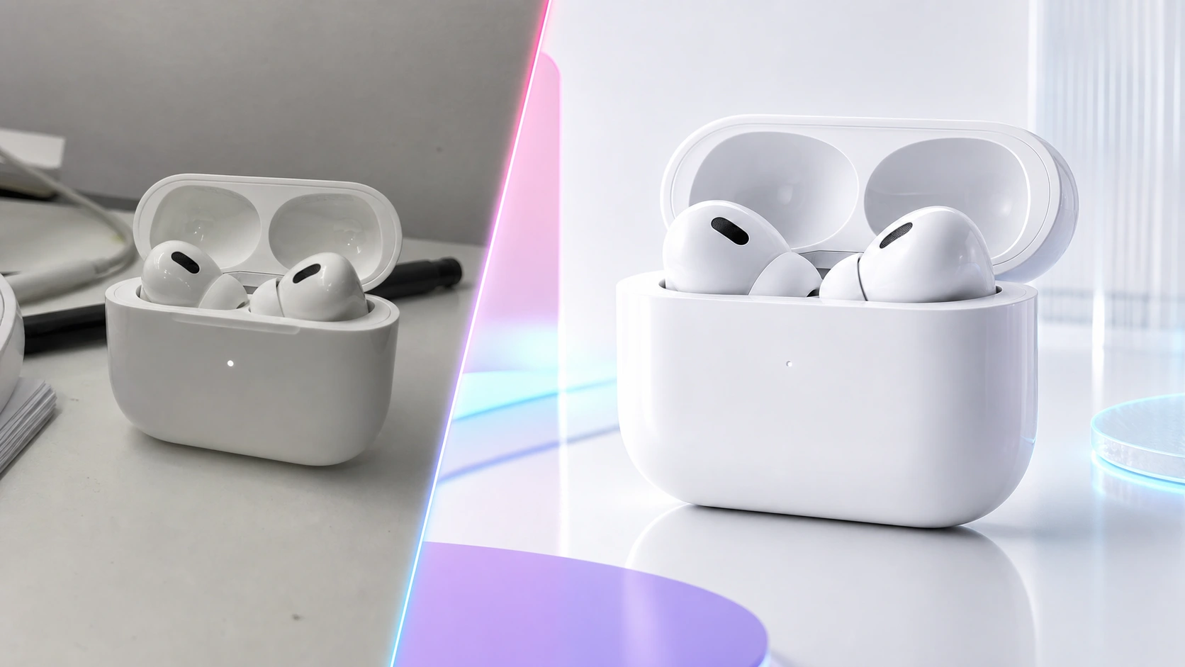 AI photo editor before-and-after showing a basic wireless earbuds photo transformed into a polished advertising creative
