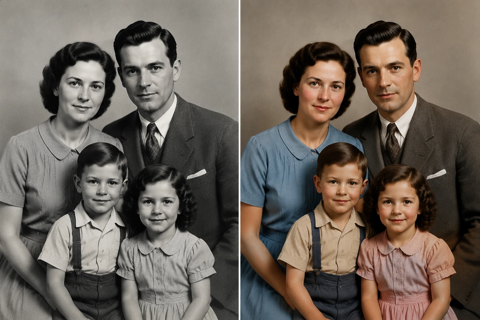 black and white family photo turned into natural color with AI photo colorizer
