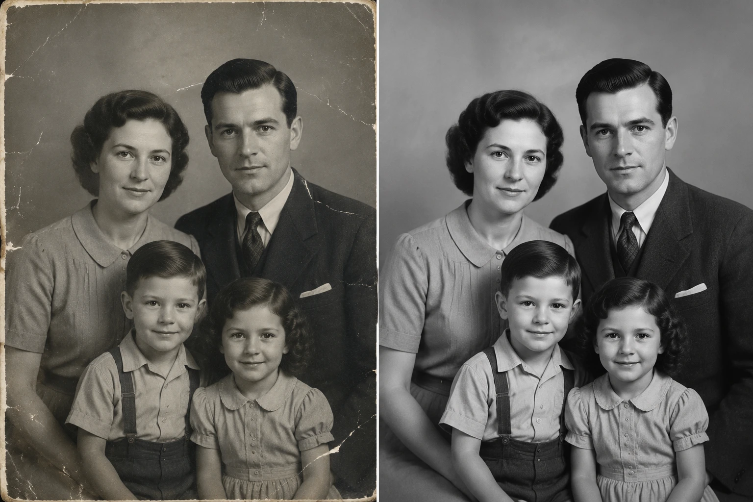 damaged old family portrait repaired before AI colorization